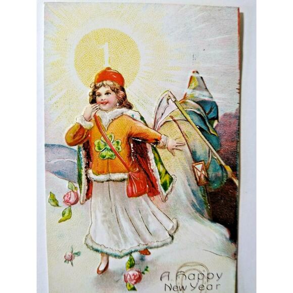 New Years Postcard Grim Reaper Irish Girl Clover Embossed Series 8084 Germany - Picture 4 of 5